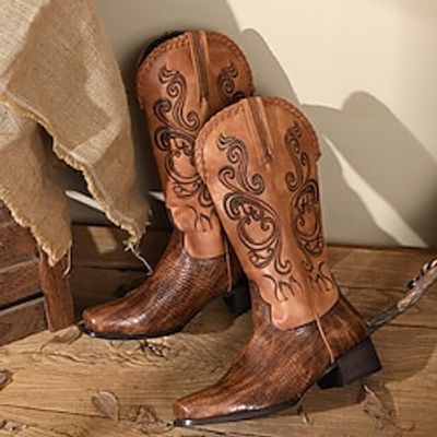 Women's Boots Cowboy Boots Plus Size Vintage Shoes Party Knee High Boots Embroidery Chunky Heel Pointed Toe Bohemia PU Zipper Embroidered Black Brown Khaki miniinthebox