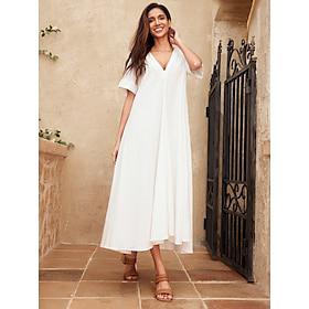 Women's Linen Blend White V Neck A Line Maxi Dress