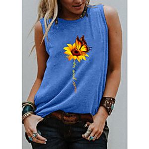 Women's Holiday Tank Top Vest T shirt Graphic Butterfly Sunflower Print Round Neck Basic Tops Blue Purple Light gray  Going out Lightinthebox