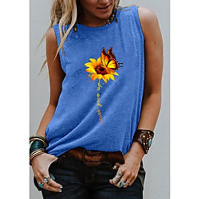Women's Holiday Tank Top Vest T shirt Graphic Butterfly Sunflower Print Round Neck Basic Tops Blue Purple Light gray  Going out Lightinthebox