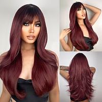 Burgundy Wigs with Bangs Wine Red Wigs for Women Long Layered Wigs with Dark Roots Synthetic Heat Resistant Wigs for Daily Party Use Lightinthebox