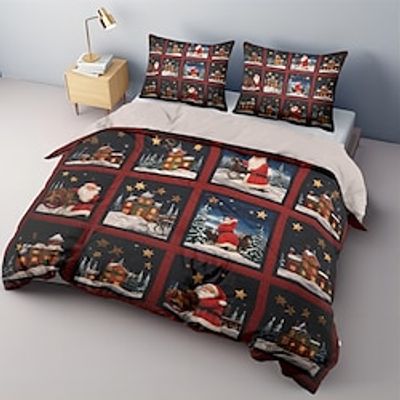 100% Cotton Christmas Santa Claus Folk Art Comforter Set Bedding Set, 3 Pieces Comforter Cover Soft Microfiber Festival Bedding Gifts Christmas Decoration For Home With Quilt Art Holiday Duvet Cover Lightinthebox