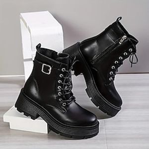 Women's Boots Platform Boots Combat Boots Plus Size Party Outdoor Daily Booties Ankle Boots Platform Chunky Heel Round Toe Punk Fashion Gothic PU Lace-up Solid Color Black Beige Lightinthebox