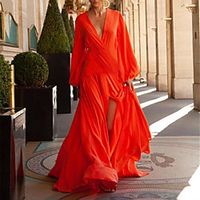 Women's A Line Dress Maxi long Dress Blue Yellow Green Orange Red Long Sleeve Solid Color Split Fall V Neck Elegant Casual 2021 S M L XL XXL 3XL miniinthebox - thumbnail