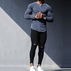 Men's T shirt Tee Solid Color V Neck Royal Blue Street Casual Long Sleeve Button-Down Clothing Apparel Fashion Classic Comfortable Big and Tall  Summer  Summer  Sports Lightinthebox