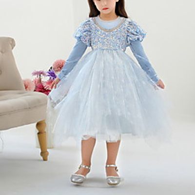 Kids Little Girls' Dress Solid Colored A Line Dress Birthday Performance Ruched Mesh Lace Light Blue Maxi Long Sleeve Princess Costume Dresses Fall Winter Regular Fit 3-10 Years Lightinthebox
