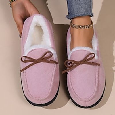 Women's Flats Slippers Fuzzy Slippers Fluffy Slippers House Slippers Warm Slippers Home Christmas Daily Bowknot Flat Heel Closed Toe Plush Casual Minimalism Faux Suede Loafer Solid Color Pink Brown Lightinthebox