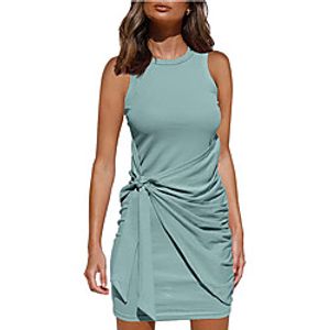 Women's Wrap Dress Knee Length Dress Blushing Pink Wine Army Green Green Royal Blue Light gray Black Red Brown Beige Sleeveless Solid Color Ruched Summer Round Neck Formal 2021 S M L XL XXL / Cotton miniinthebox