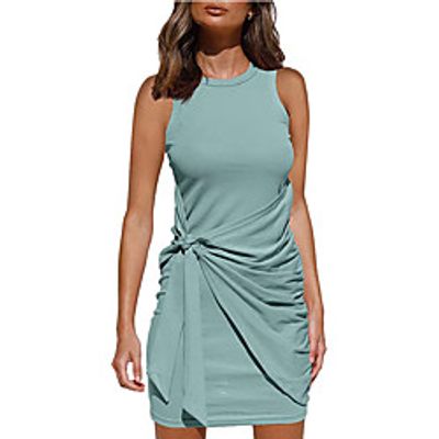 Women's Wrap Dress Knee Length Dress Blushing Pink Wine Army Green Green Royal Blue Light gray Black Red Brown Beige Sleeveless Solid Color Ruched Summer Round Neck Formal 2021 S M L XL XXL / Cotton miniinthebox