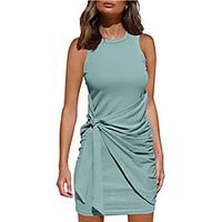 Women's Wrap Dress Knee Length Dress Blushing Pink Wine Army Green Green Royal Blue Light gray Black Red Brown Beige Sleeveless Solid Color Ruched Summer Round Neck Formal 2021 S M L XL XXL / Cotton miniinthebox - thumbnail