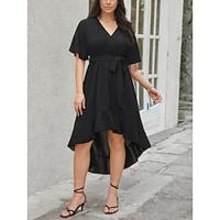 Women's Black Dress Midi Dress With Belt Ruffle Hem Elegant Casual V Neck Short Sleeve Black Color Lightinthebox