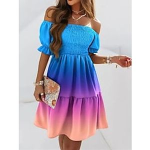 Women's Casual Dress Tiered Dress Print Dress Floral Ombre Ruched Backless Off Shoulder Mini Dress Fashion Outdoor Home Short Sleeve Slim White Red Royal Blue Fall Spring S M L XL XXL Lightinthebox