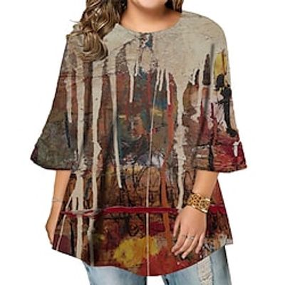 Women's Plus Size Tops Blouse Shirt Color Gradient Print 34 Length Sleeve Crewneck Casual Daily Holiday Cotton Spandex Jersey Fall Winter Blue Yellow Lightinthebox