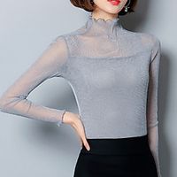 Women's Blouse Shirt Solid Colored Long Sleeve See Through Mesh Standing Collar Tops Black Blushing Pink Wine miniinthebox - thumbnail