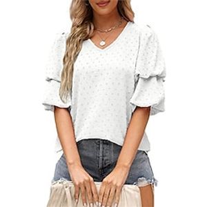 Shirt Blouse Women's Black White Pink Solid Color Puff Sleeve Daily Fashion V Neck Regular Fit Puff Sleeve S Lightinthebox
