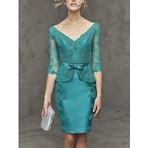 Sheath  Column Mother of the Bride Dress Wedding Guest Party Elegant Petite V Neck Short  Mini Lace Taffeta Half Sleeve with Bow(s) Solid Color 2023 Lightinthebox