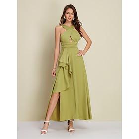 Women's Maxi Wedding Guest Cocktail Dress Satin Green Halter Neck Front Slit Cut-out Asymmetrical Ruffle