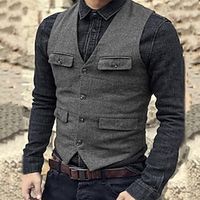 Men's Vest Waistcoat Daily Wear Vacation Going out Fashion Basic Spring   Fall Button Polyester Comfortable Plain Single Breasted V Neck Regular Fit Black Red Dark Navy Ocean Blue Vest Lightinthebox - thumbnail