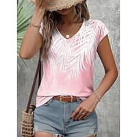 Women's T shirt Tee Leaf Casual Daily White Pink Blue Print Short Sleeve Fashion V Neck Regular Fit Summer Lightinthebox