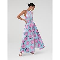 Satin Print Halter Neck Backless Maxi Dress