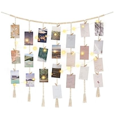 Macrame Hanging Photo Display Wall Decor with String Lights Boho Wooden Beads Garland Collage Picture Frame Holder with 45 Clips for Bedroom Living Room Nursery Dorm  Girl Gifts Lightinthebox
