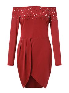 Pearl Details Off The Shoulder Slit Hem Midi Dress