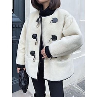 Women's Leather Sherpa Jacket Fuzzy Fleece Jacket Warm Winter Coat with Pocket Single Breasted Crewneck Heated Coat Casual Street Outerwear Long Sleeve Fall White Lightinthebox