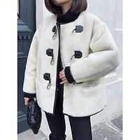 Women's Leather Sherpa Jacket Fuzzy Fleece Jacket Warm Winter Coat with Pocket Single Breasted Crewneck Heated Coat Casual Street Outerwear Long Sleeve Fall White Lightinthebox - thumbnail