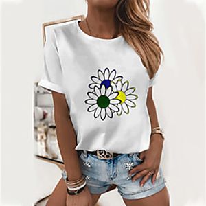 Women's Floral Theme T shirt Floral Daisy Print Round Neck Basic Tops Cotton White Yellow Green Lightinthebox