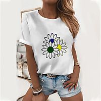 Women's Floral Theme T shirt Floral Daisy Print Round Neck Basic Tops Cotton White Yellow Green Lightinthebox - thumbnail