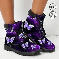 Women's Boots Print Shoes Combat Boots Plus Size Outdoor Daily Butterfly 3D Booties Ankle Boots Winter Flat Heel Round Toe Closed Toe Fashion Casual Faux Leather Lace-up Purple miniinthebox - thumbnail