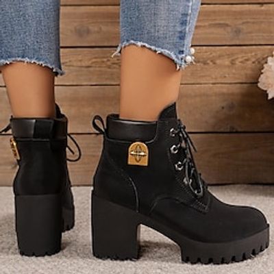 Women's Boots Platform Boots Combat Boots Daily Booties Ankle Boots Lace-up Block Heel Round Toe Fashion Casual PU Lace-up Solid Color Black Brown Lightinthebox