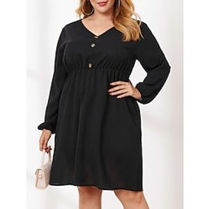 Women's Plus Size Casual Sweater Dress Black Sweater Dress Solid Color Midi Sweater Dress Long Sleeve Ruched Button V Neck Fashion Outdoor Black Summer Spring L XL XXL 3XL 4XL Lightinthebox