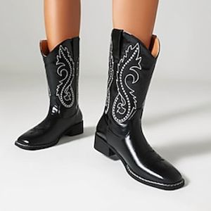 Women's Boots Cowboy Boots Daily Knee High Boots Embroidery Block Heel Square Toe Bohemia PU Loafer Embroidered Black Red Dark Blue Lightinthebox