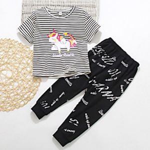 Kids Girls' Clothing Set 2 Pieces Short Sleeve Black Unicorn Stripe Letter Print Indoor Outdoor Cute Sweet Regular 2-6 Years miniinthebox