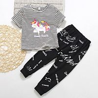 Kids Girls' Clothing Set 2 Pieces Short Sleeve Black Unicorn Stripe Letter Print Indoor Outdoor Cute Sweet Regular 2-6 Years miniinthebox - thumbnail