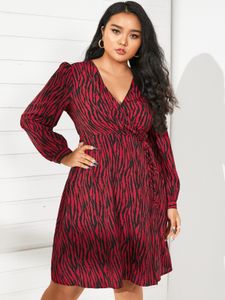 YOINS Plus Size V-neck Zebra Tie-up Design Wrap Design Long Sleeves Midi Dress