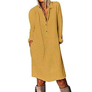 womens linen cotton dress button down long sleeve tunic midi dresses with pockets yellow 4xl Lightinthebox