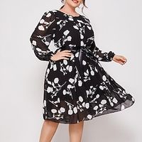 Women's Plus Size A Line Dress Floral Round Neck Print Long Sleeve Spring Summer Work Knee Length Dress Daily Holiday Dress Lightinthebox - thumbnail