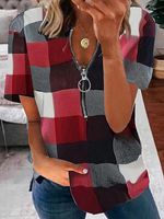 Plaid Short Sleeves Zipper Casual T-shirt