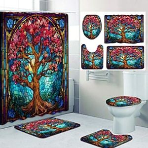 The Tree of Life Bathroom Deco 4 Pcs Shower Curtain Set Bathroom Sets Modern Home Bathroom Decor with Bath Mat U Shape and Toilet Lid Cover Mat and 12 Hooks Lightinthebox