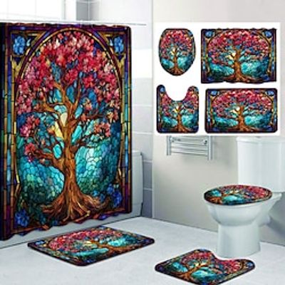The Tree of Life Bathroom Deco 4 Pcs Shower Curtain Set Bathroom Sets Modern Home Bathroom Decor with Bath Mat U Shape and Toilet Lid Cover Mat and 12 Hooks Lightinthebox