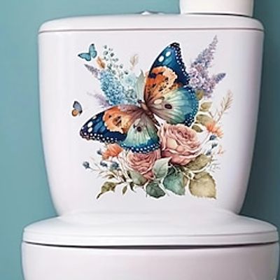 Floral Butterfly Toilet Seat Decal, Waterproof Self-adhesive Bathroom Decoration Decal, Bathroom Decoration Sticker, Home Decor miniinthebox