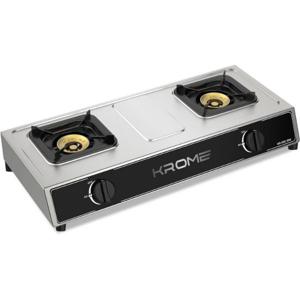 Krome Gas Stove 2 Burners| Auto Ignition| Double Brass Burners| 100MM Brass Burner Cap| LPG Kitchen Cooktop| Cast Iron Burner| Enamel Square Pan Su...