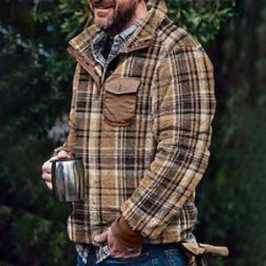 Men's Sweatshirt Fuzzy Sherpa Pullover Green Brown Standing Collar Plaid Print Sports  Outdoor Streetwear Casual Big and Tall Winter Fall Clothing Apparel Hoodies Sweatshirts  Long Sleeve / Spring miniinthebox