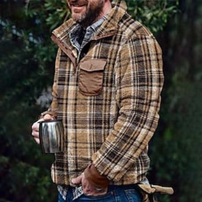 Men's Sweatshirt Fuzzy Sherpa Pullover Green Brown Standing Collar Plaid Print Sports  Outdoor Streetwear Casual Big and Tall Winter Fall Clothing Apparel Hoodies Sweatshirts  Long Sleeve / Spring miniinthebox