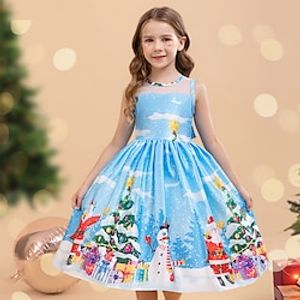 Kids Girls' Party Dress Graphic Santa Claus Ugly Sleeveless School Formal Performance Ruched Princess Beautiful Sweet Cotton Midi Party Dress Fall Winter 2-8 Years Blue Lightinthebox