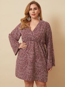 Plus Size V-neck Polka Dot Wrap Design Long Sleeves Mini Dress