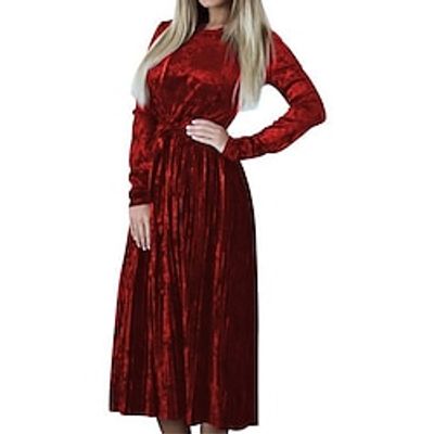 Women's Velvet Dress Party Dress Christmas Cocktail Dress Midi Dress Wine Red Blue Long Sleeve Pure Color Lace up Fall Winter Autumn Crew Neck Fashion Christmas Wedding Guest Lightinthebox