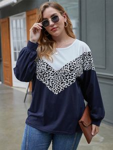 Plus Size Crew Neck Patchwork Leopard Long Sleeves Tee